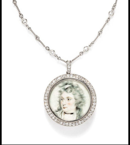 Antique Platnium /gold Diamond necklace w/ Victorian handpainted French Portrait