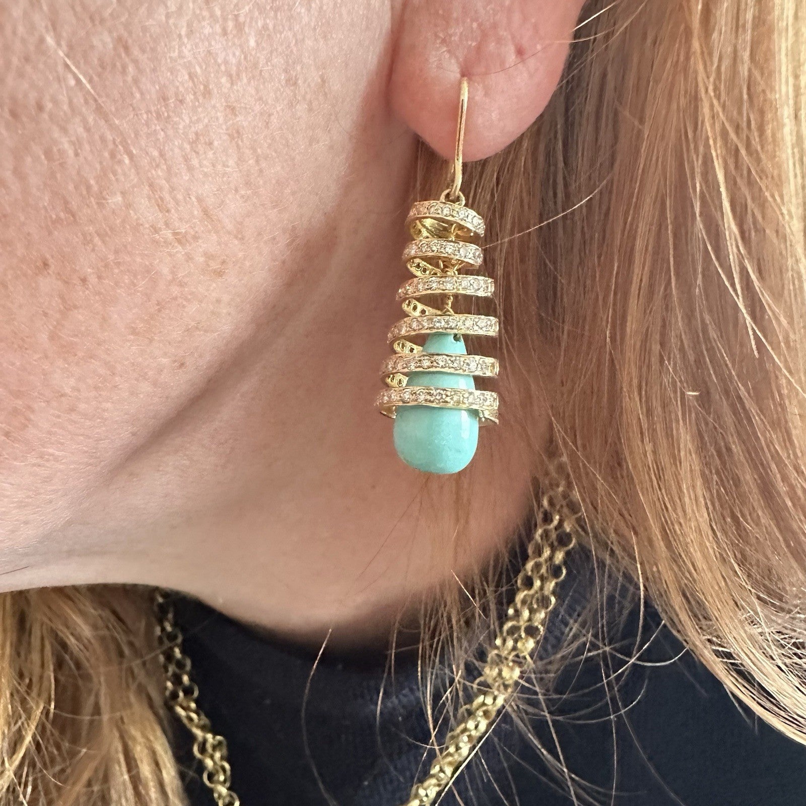 18K Gold , Turquoise And Diamond Dangle Earrings 1.75”