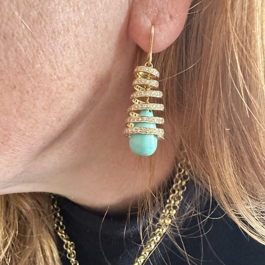 18K Gold , Turquoise And Diamond Dangle Earrings 1.75”