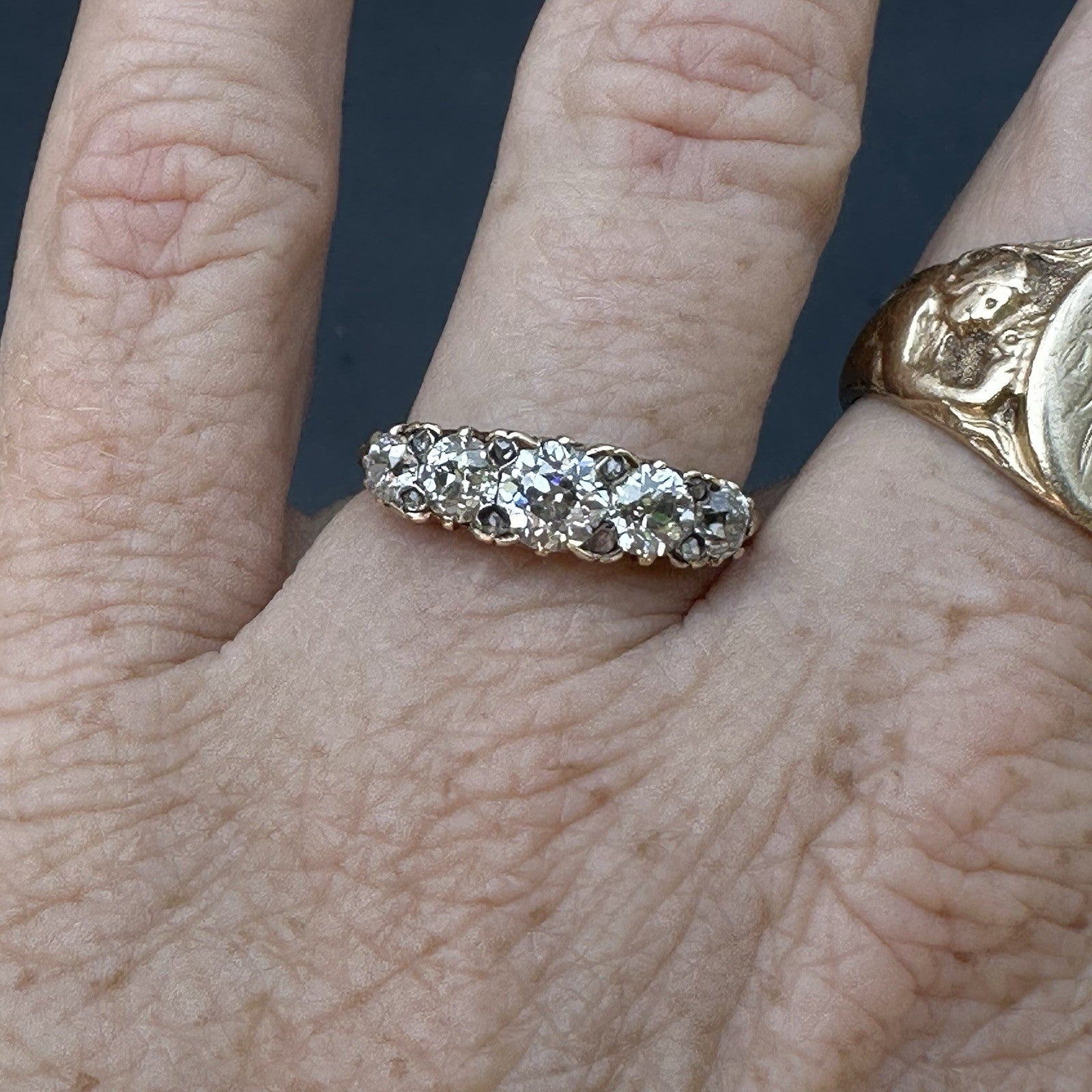 Victorian Old Cushion Cut 1.75 + Cttw  Hoop Ring ( Five Central Diamonds )