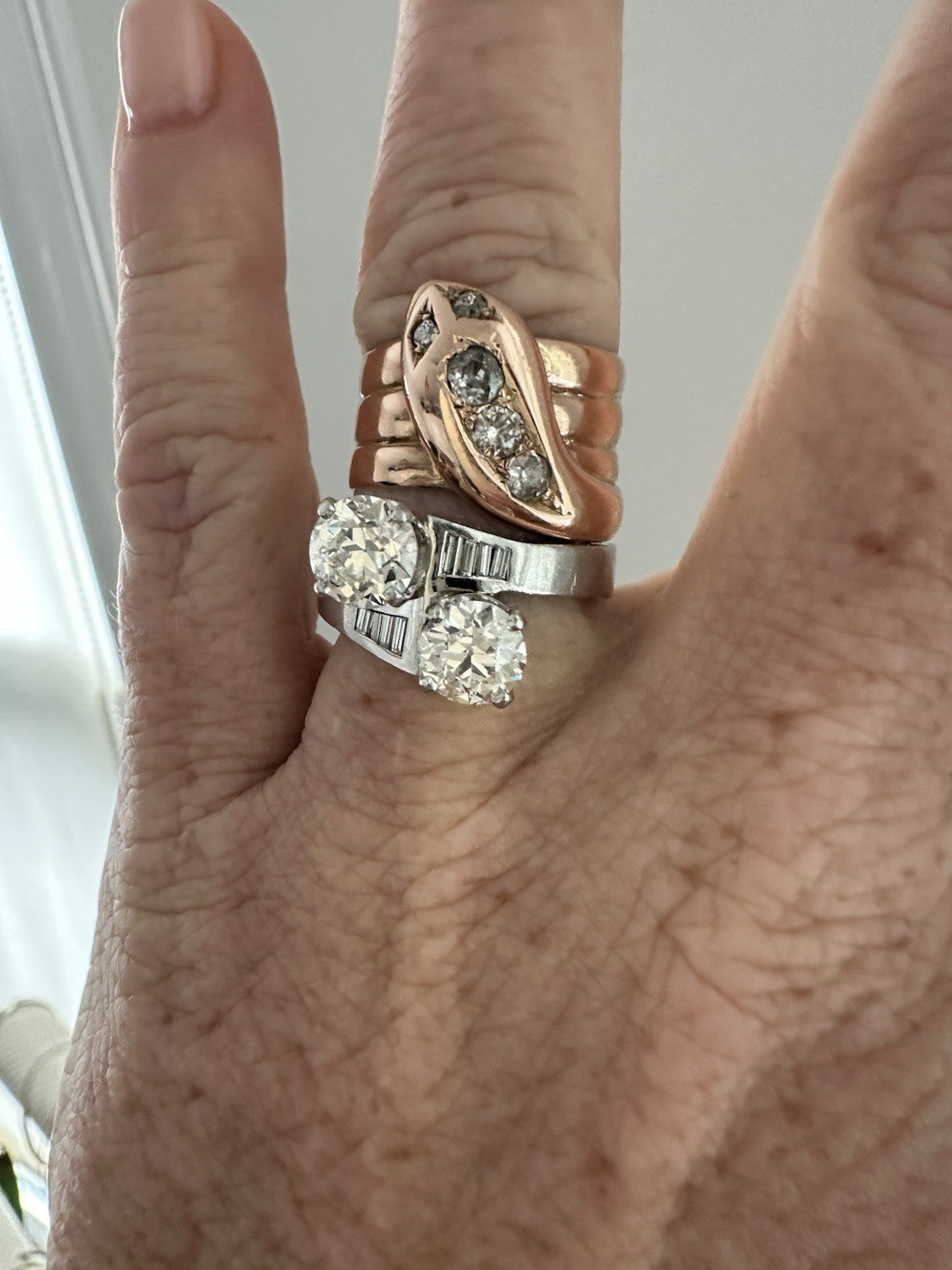 Edwardian Antique Snake Ring 10k  Old Mine Cut Diamond Size 7