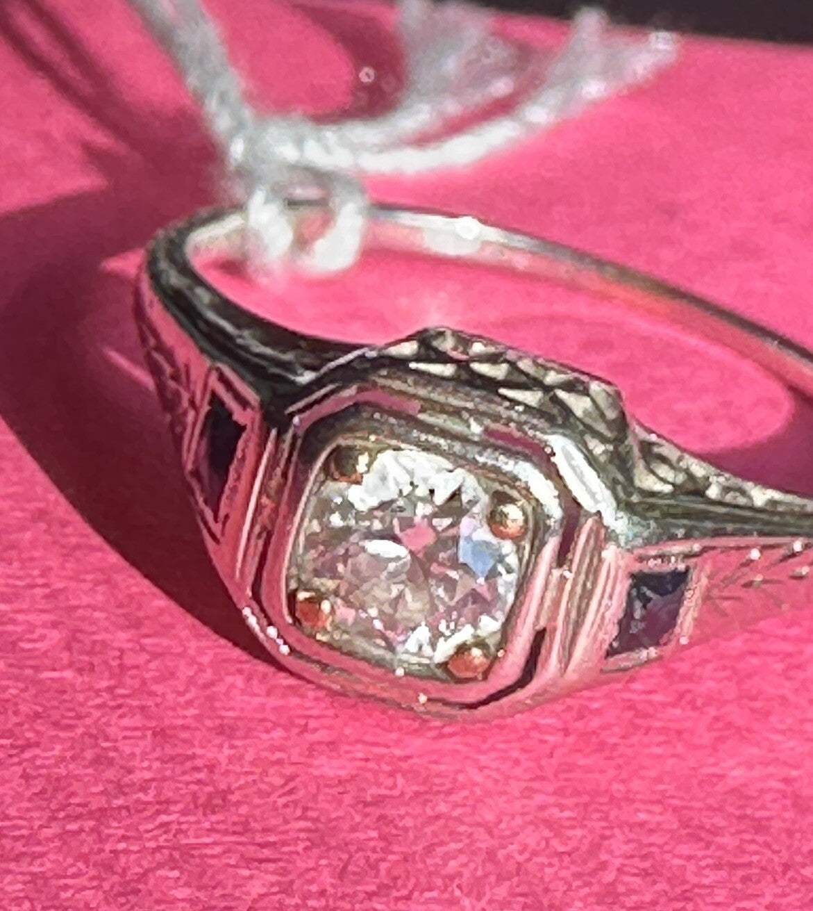 Antique 14K Gold .45ct Old European Cut Diamond & Lab Sapphire Art Deco Ring