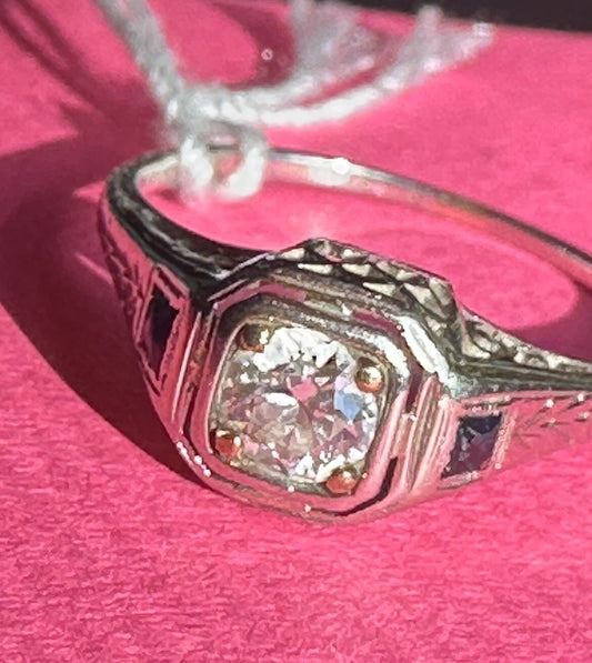 Antique 14K Gold .45ct Old European Cut Diamond & Lab Sapphire Art Deco Ring