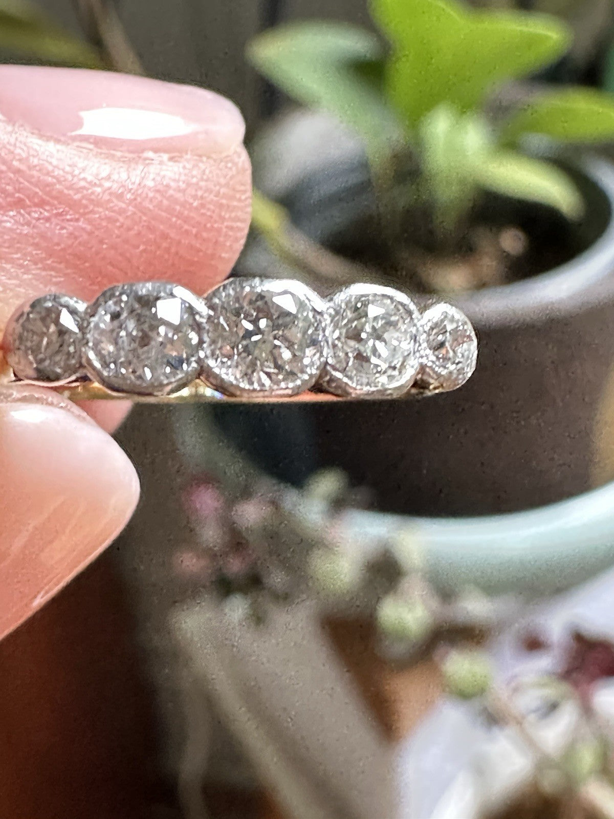 Antique old European and Old Cushion Cut 5 diamond Bezel Setting ring Size 6.5