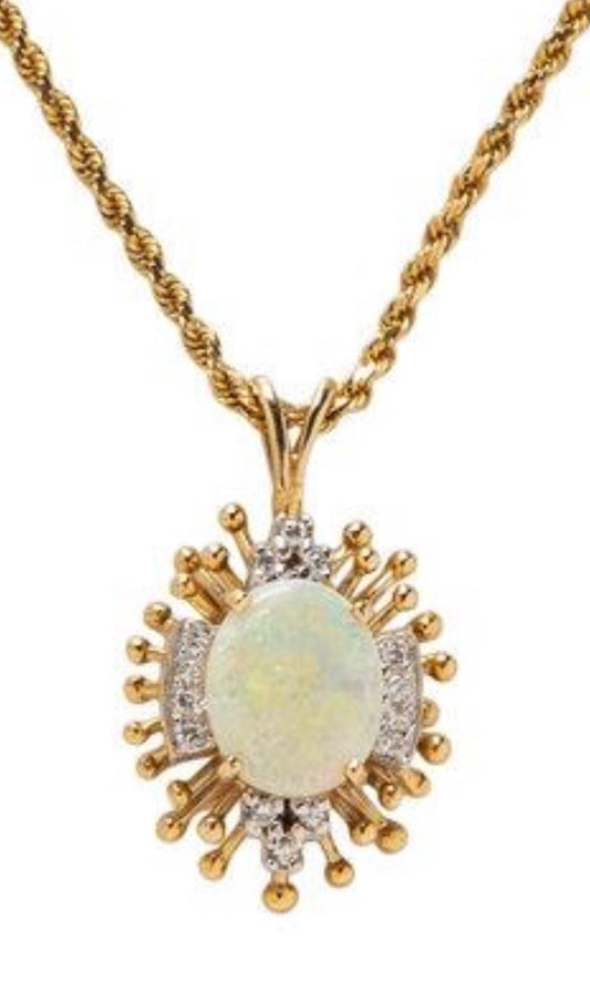 Vintage Cabochon Opal & Diamond Halo Pendant Necklace  14K Gold