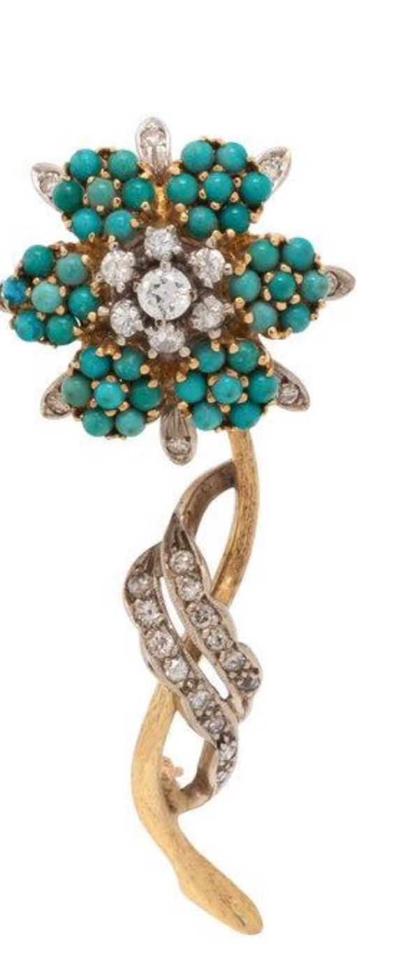 Victorian Antique Gold Turquoise Diamond Brooch