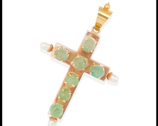 Vintage Italian Yellow 18k Gold Emerald  and Pearl Cross Pendant Good Sized!