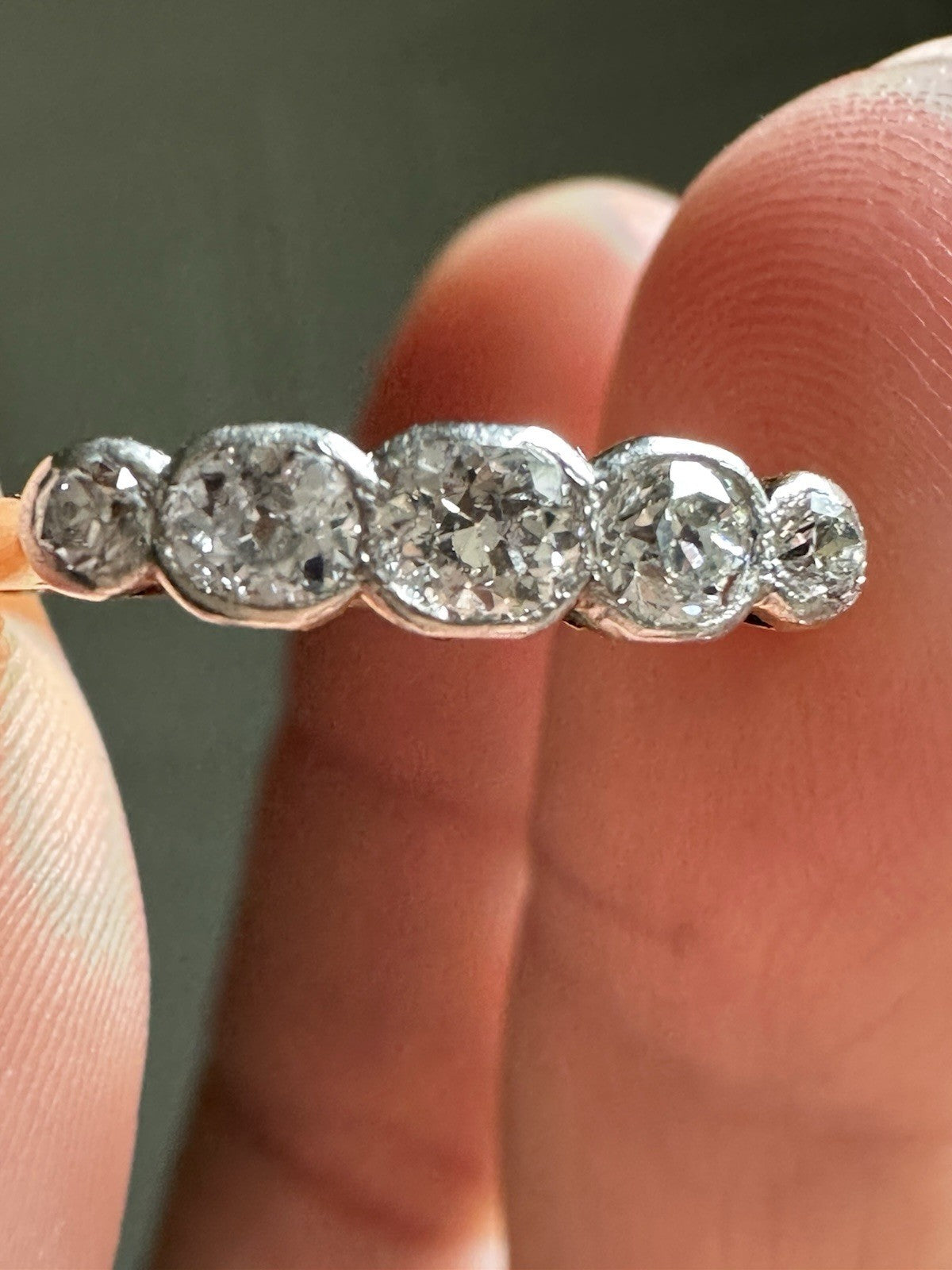 Antique old European and Old Cushion Cut 5 diamond Bezel Setting ring Size 6.5