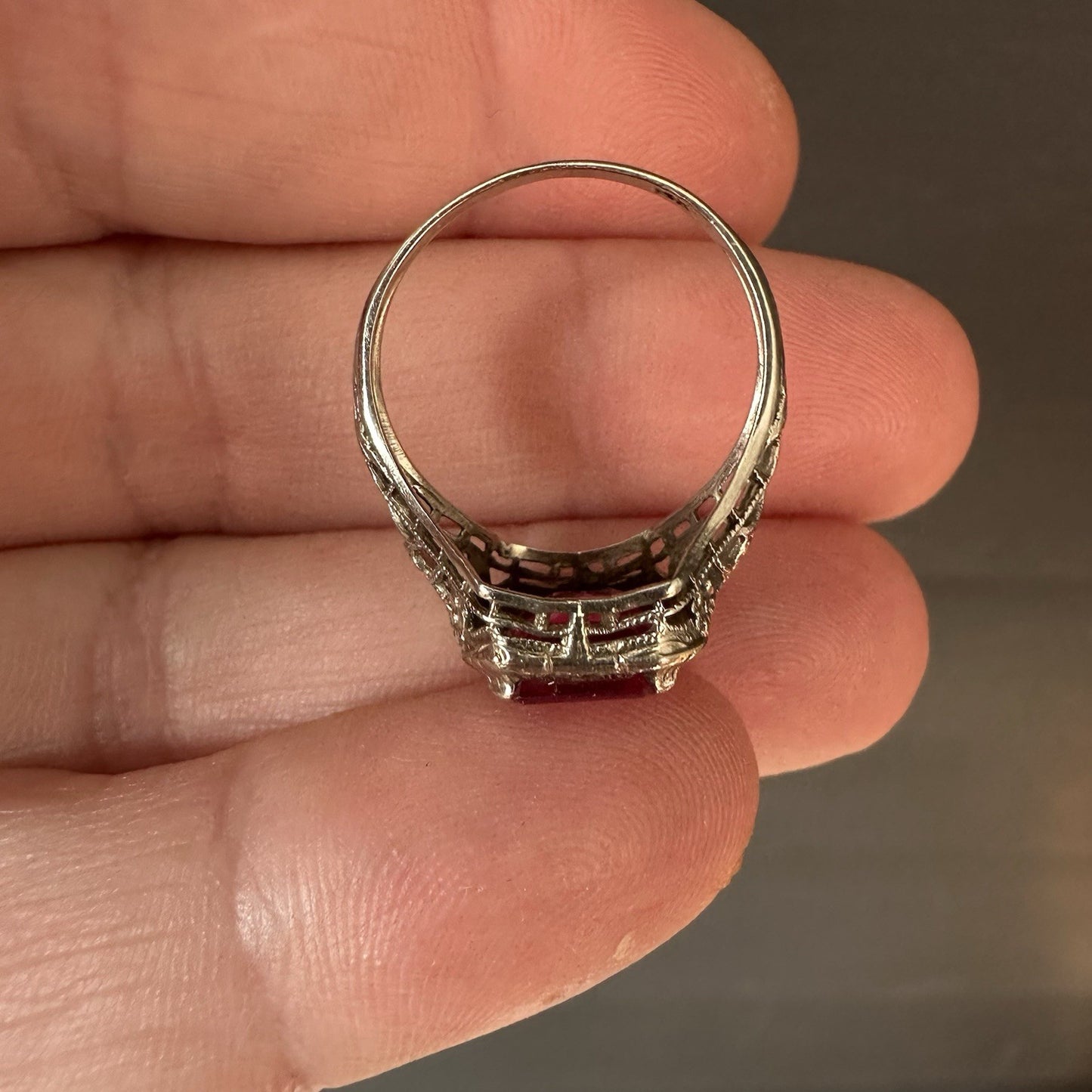 Art Deco 14k Gold  Filigree Lab Ruby Ring 2.3g Size 6.5