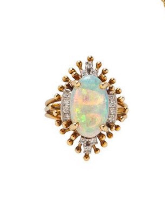 Vintage Cabochon Opal & Diamond Halo Statement Ring 14K Gold