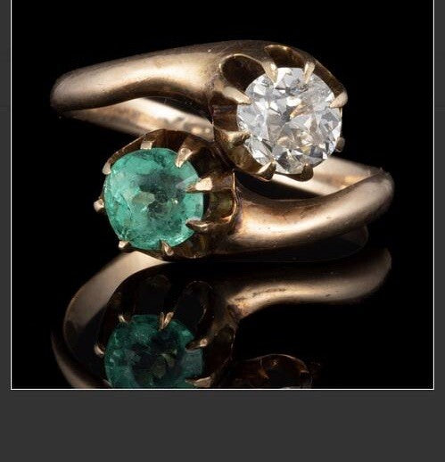 ANTIQUE TOI ET MOI EUROPEAN OLD CUT  DIAMOND 14K YELLOW GOLD, AND EMERALD RING