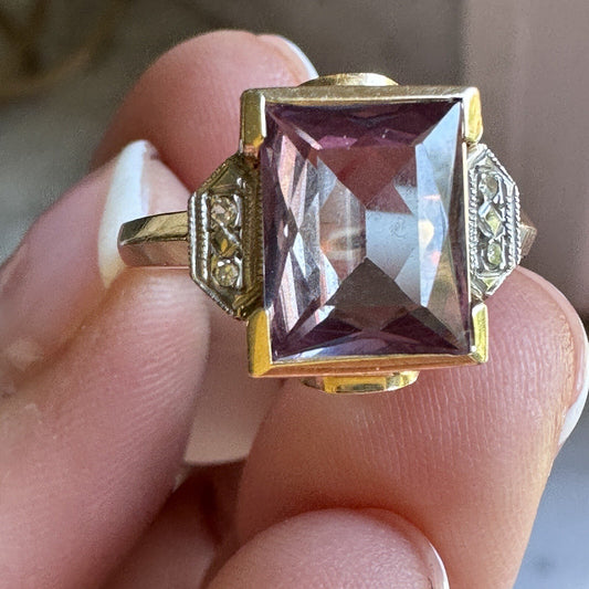 ANTIQUE ART DECO Square  Lab Color Change Sapphire & Diamond COCKTAIL RING
