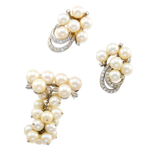 14K GOLD, CULTURED PEARL AND DIAMOND EARRINGS AND BROOCH SET