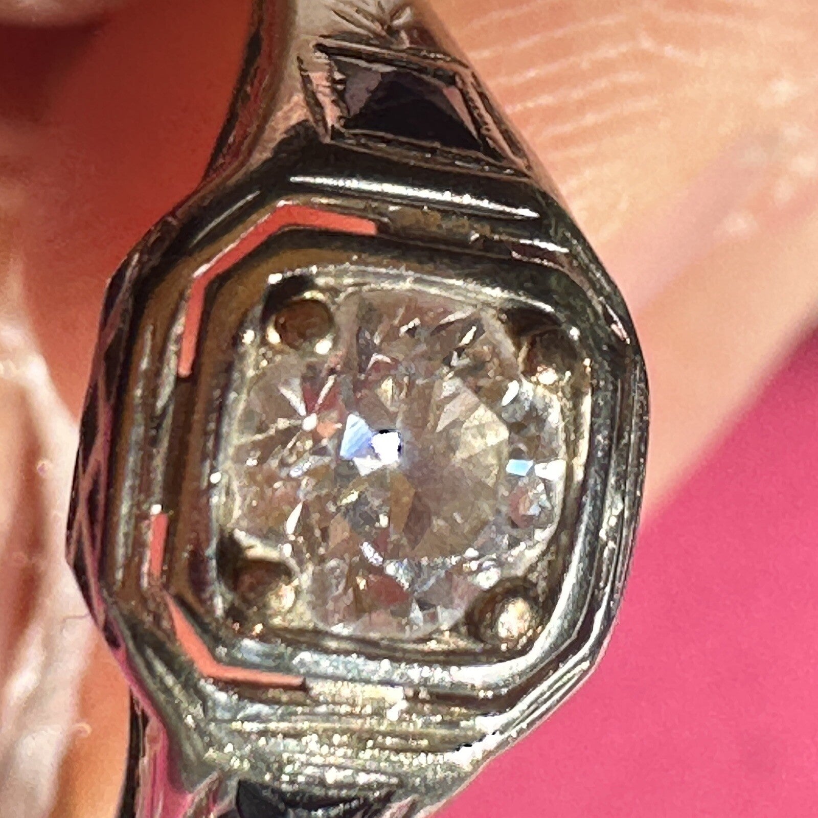 Antique 14K Gold .45ct Old European Cut Diamond & Lab Sapphire Art Deco Ring