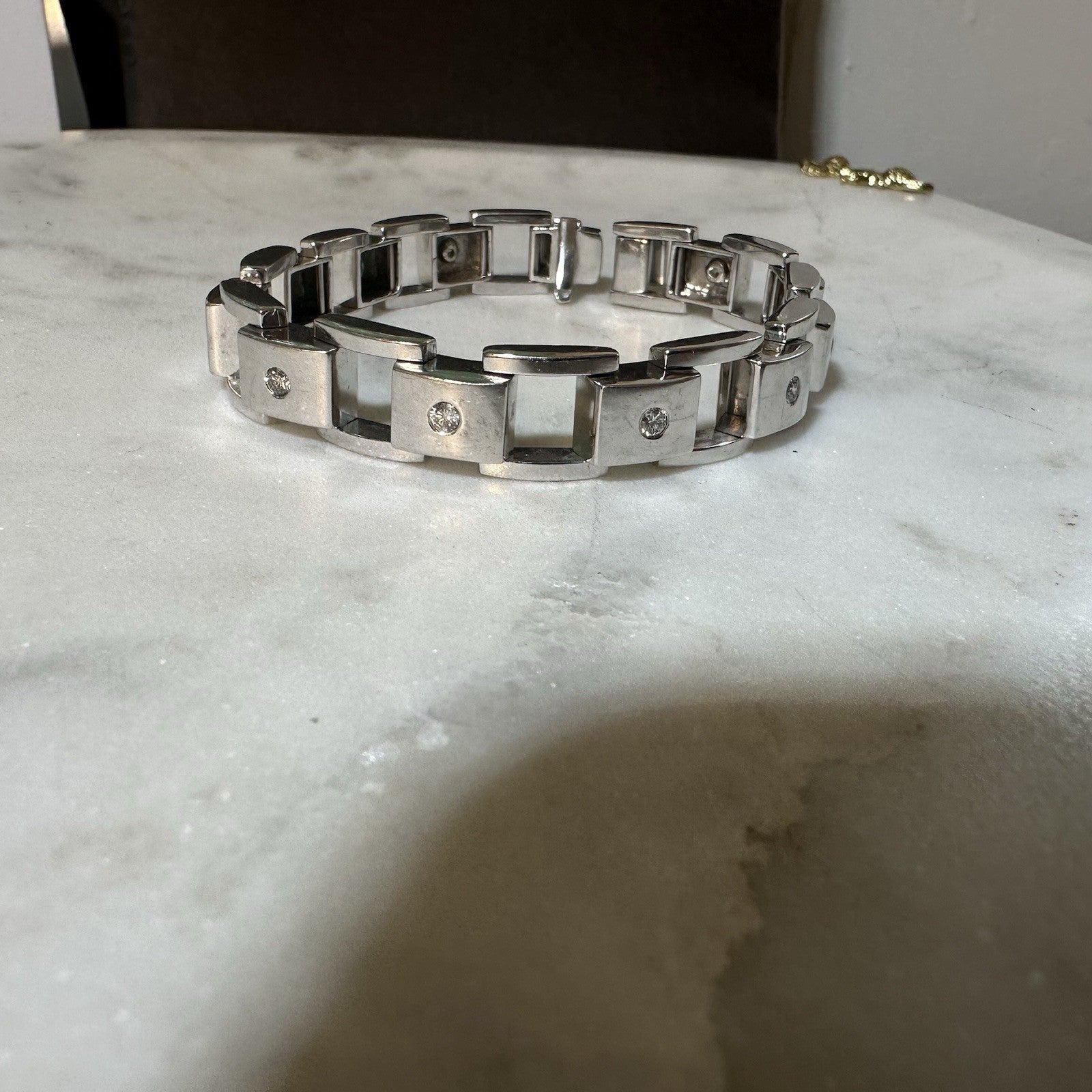 Vintage 8 inch 14 K white gold diamond tank bracelet