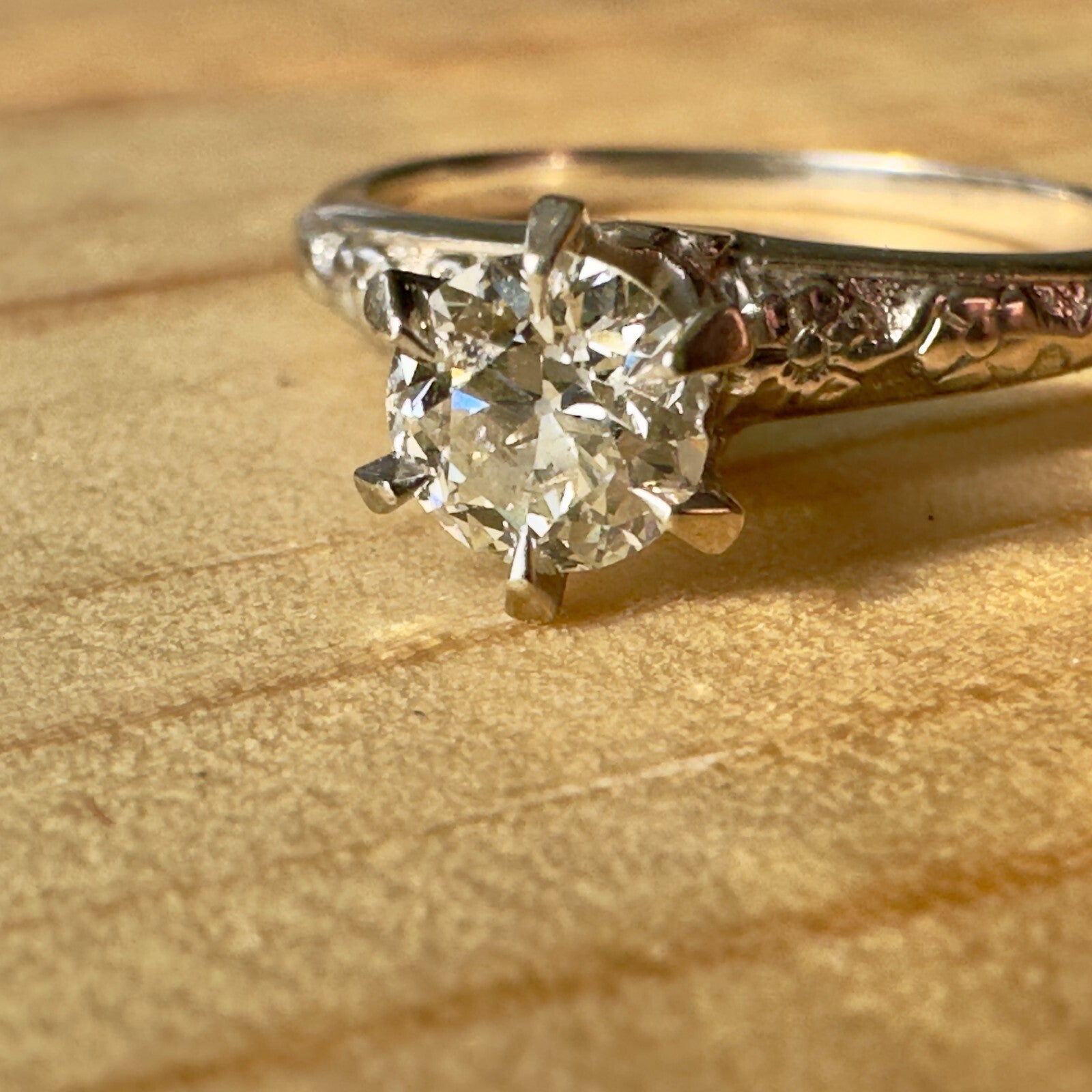 Art Deco 18k Forget Me Not OEC Diamond Solitaire with orange blossom band Size 5