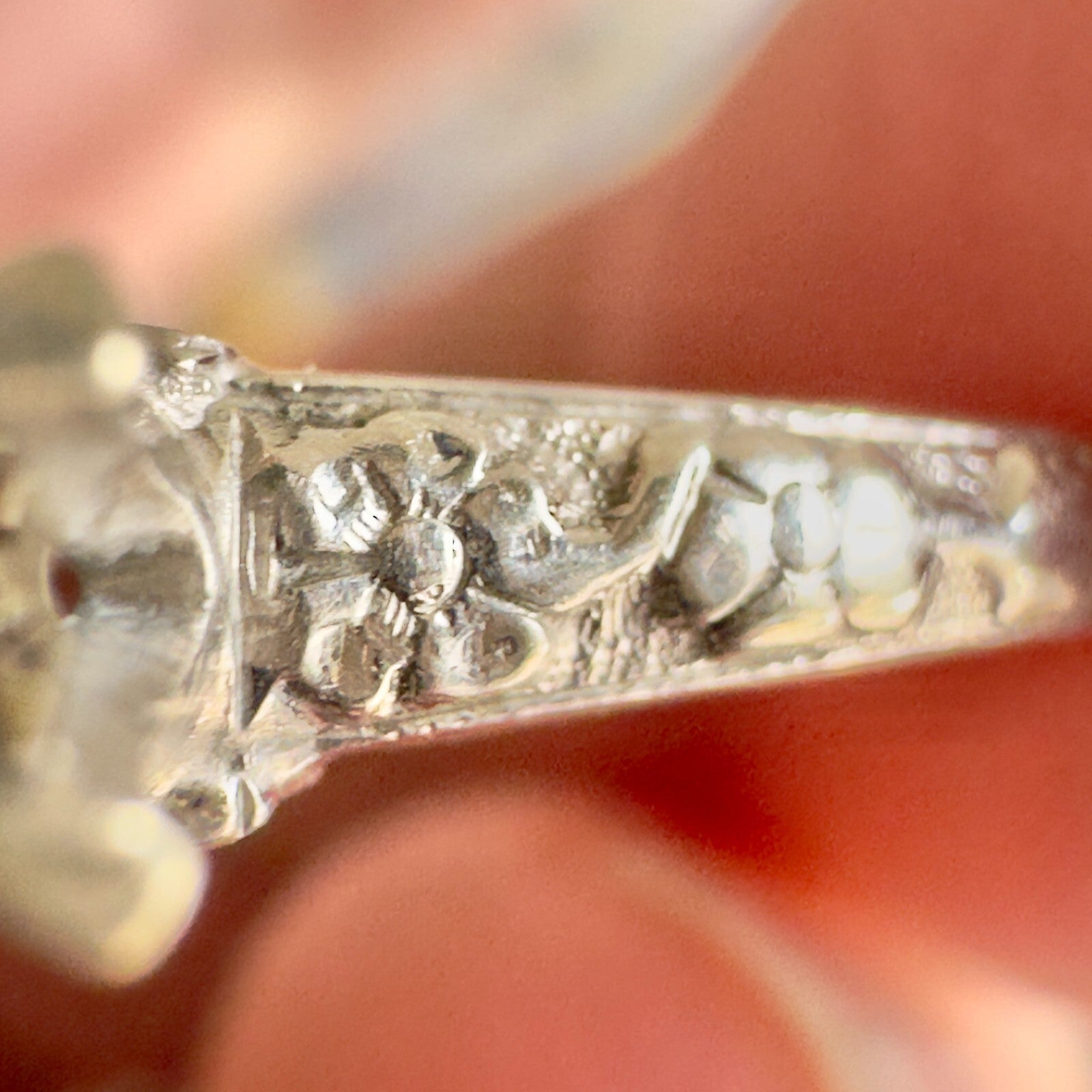 Art Deco 18k Forget Me Not OEC Diamond Solitaire with orange blossom band Size 5