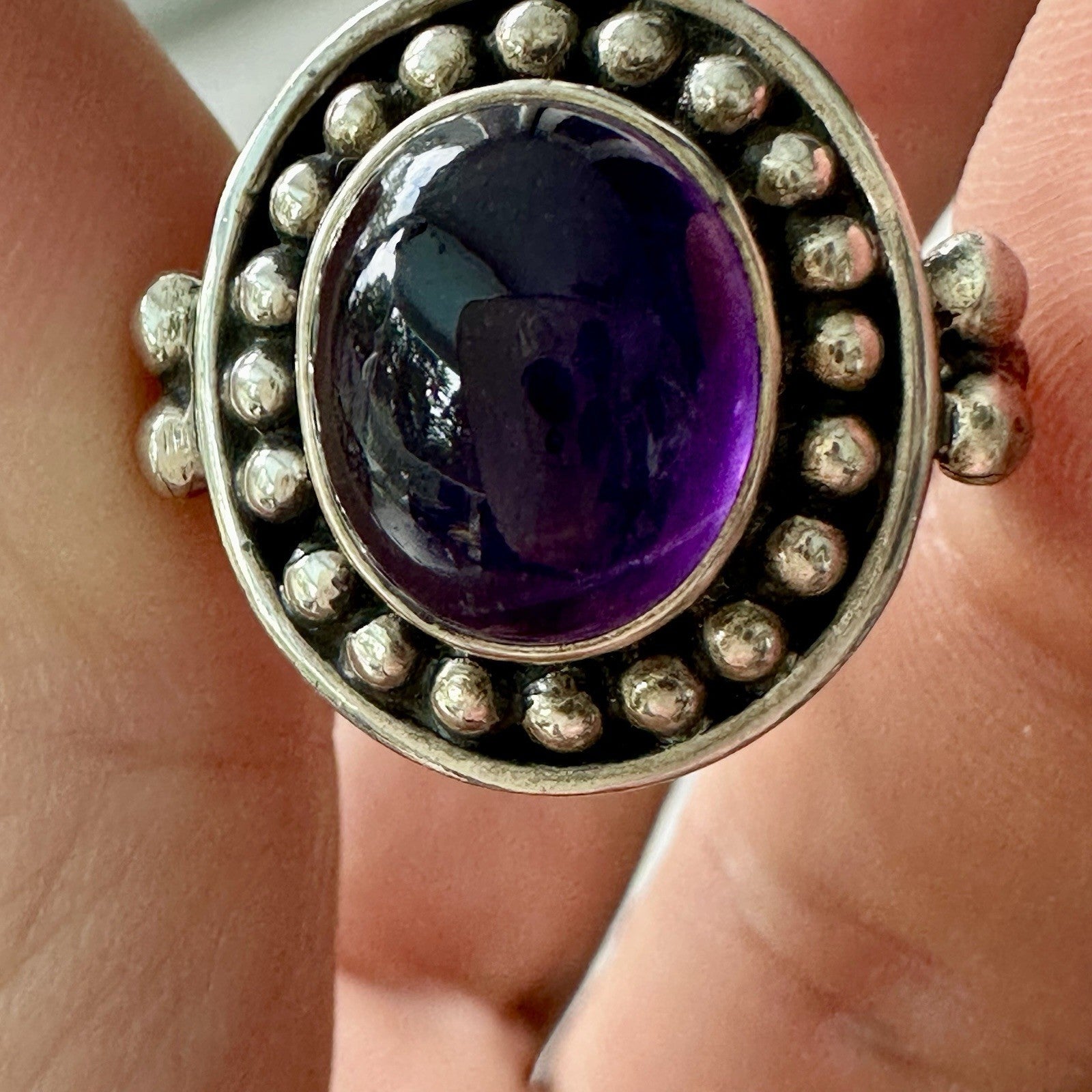 Sterling Silver 925 Deep Purple Amethyst Cabochon Ring Size 9