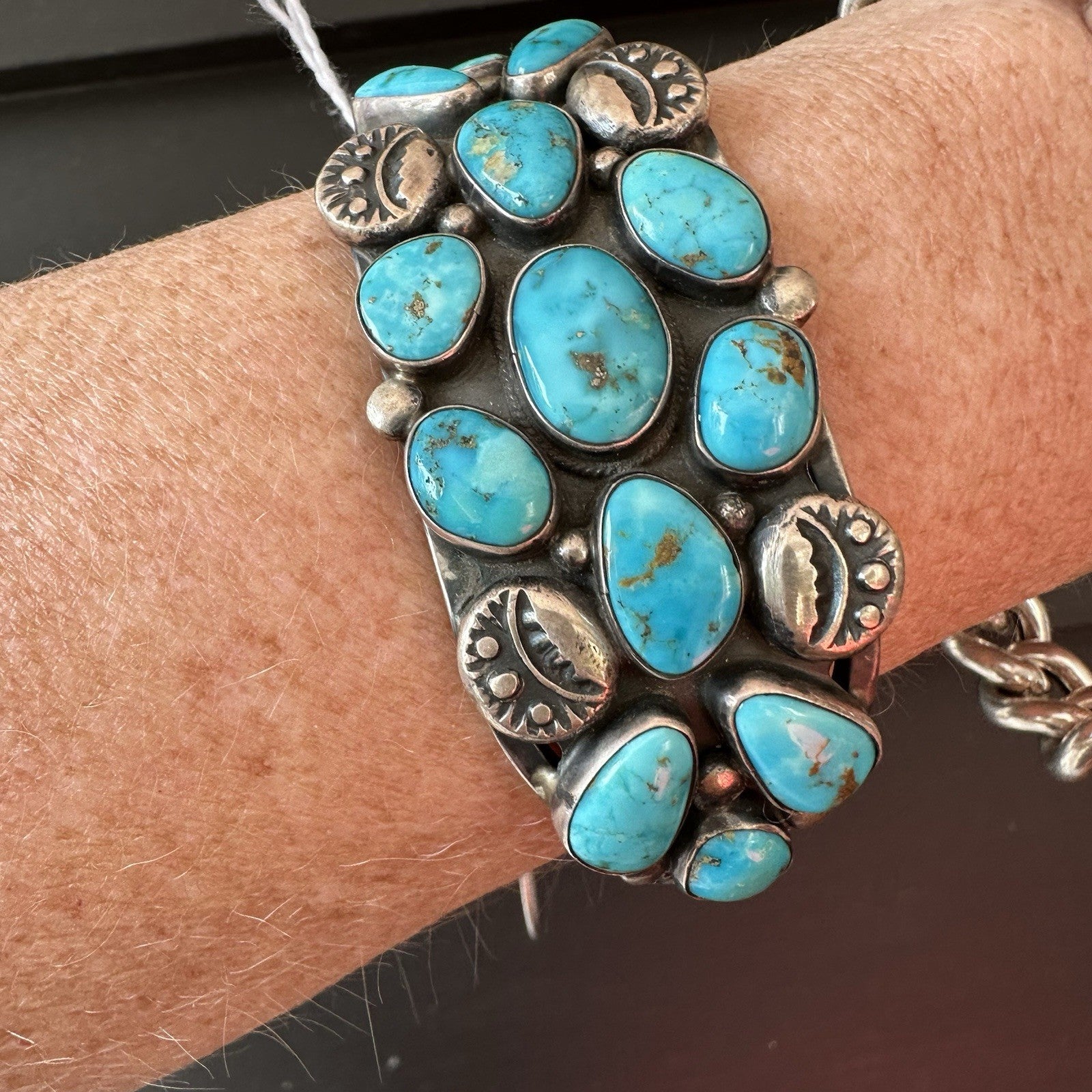 Verdy  Jake Vintage Sterling Silver Navajo  Morenci turquoise Cluster Cuff -82 G
