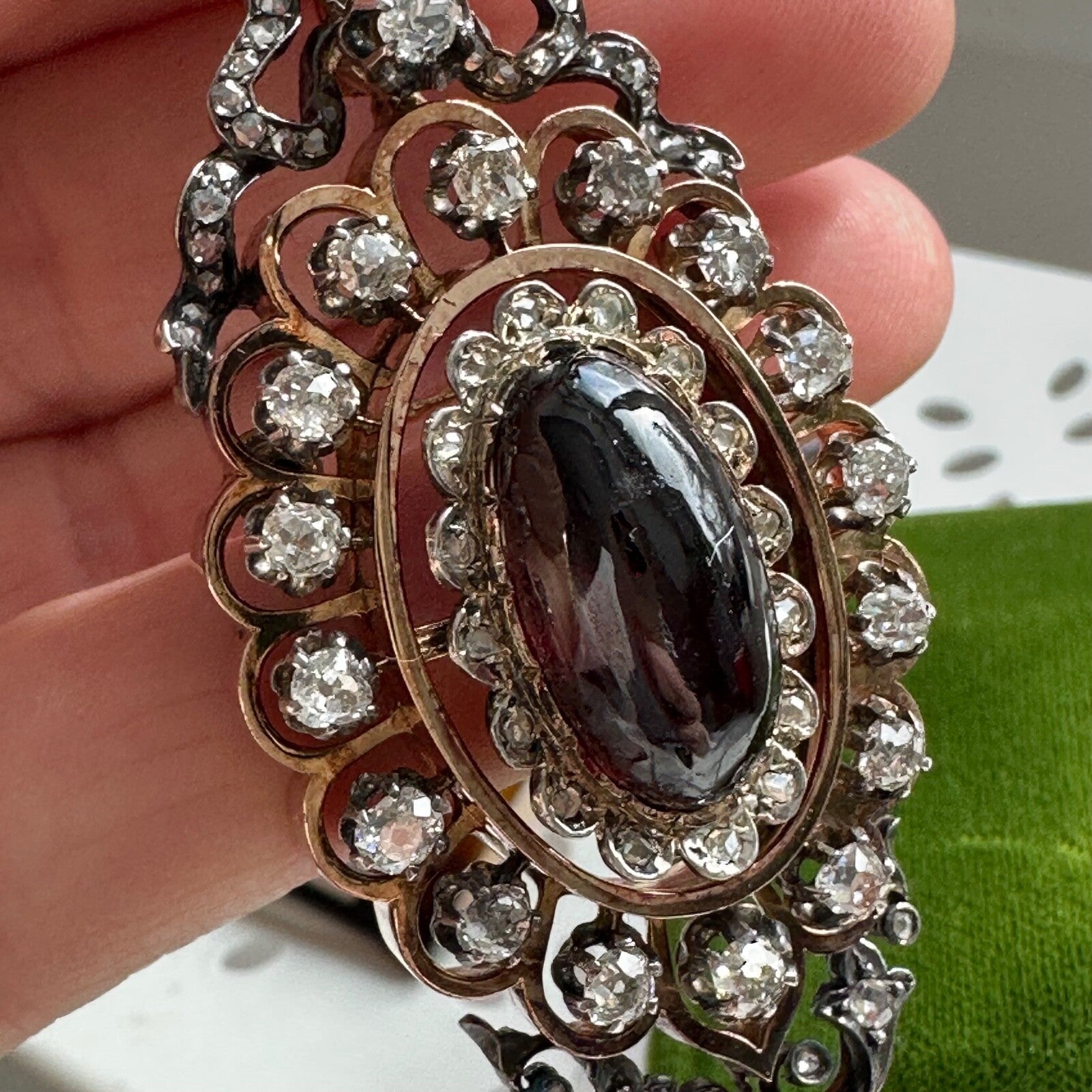 French Victorian Garnet  And Old mine cut Diamond  (3.2 cttw)  Pendant /Brooch