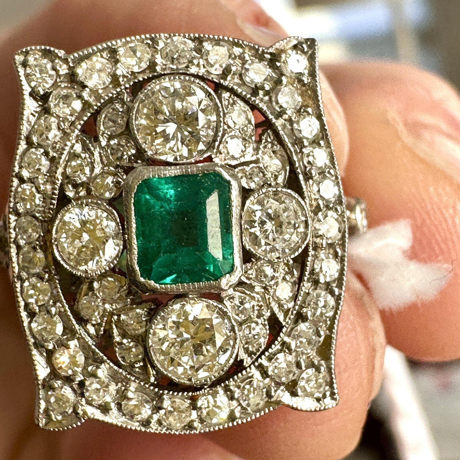 Antique Old Cut Diamond Emerald Shield Ring ( 2+ Cttw)