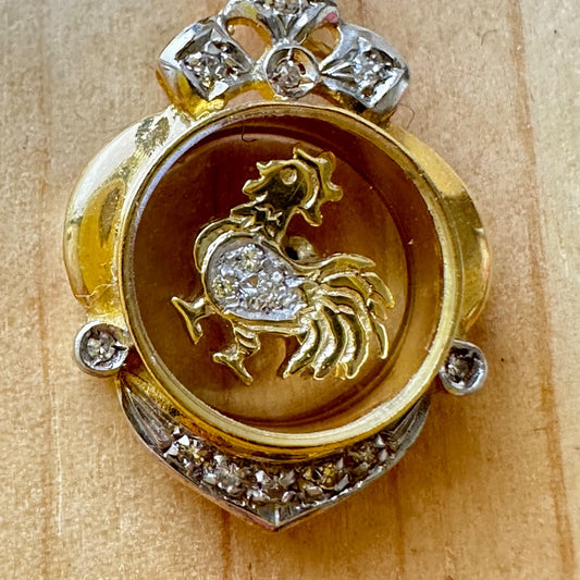 18k Spinning Zodiac Rooster Diamond Pendant 