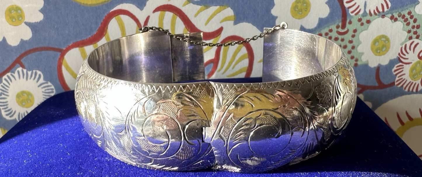 Antique Victorian Sterling Silver Engraved Scroll Wide Bangle Bracelet 58.8g