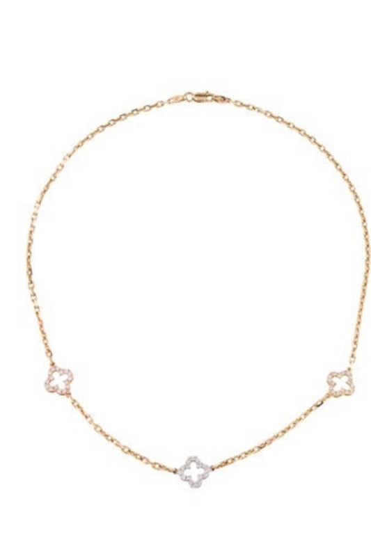 14k Tri Gold Diamond Clover Necklace 