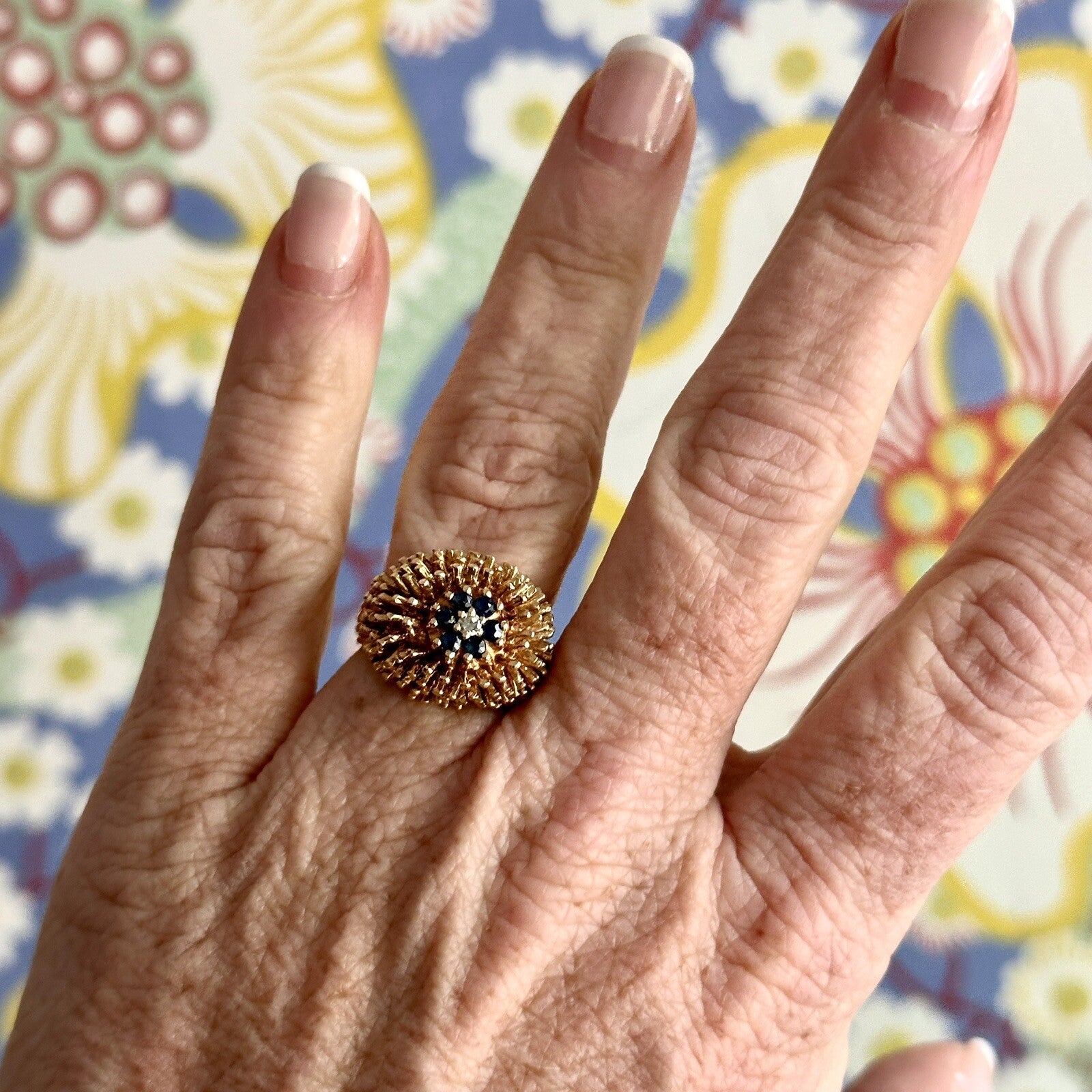 Vintage Sea Urchin Style  14kt Gold And Sapphire Ring And Earrings Set 12.3 G