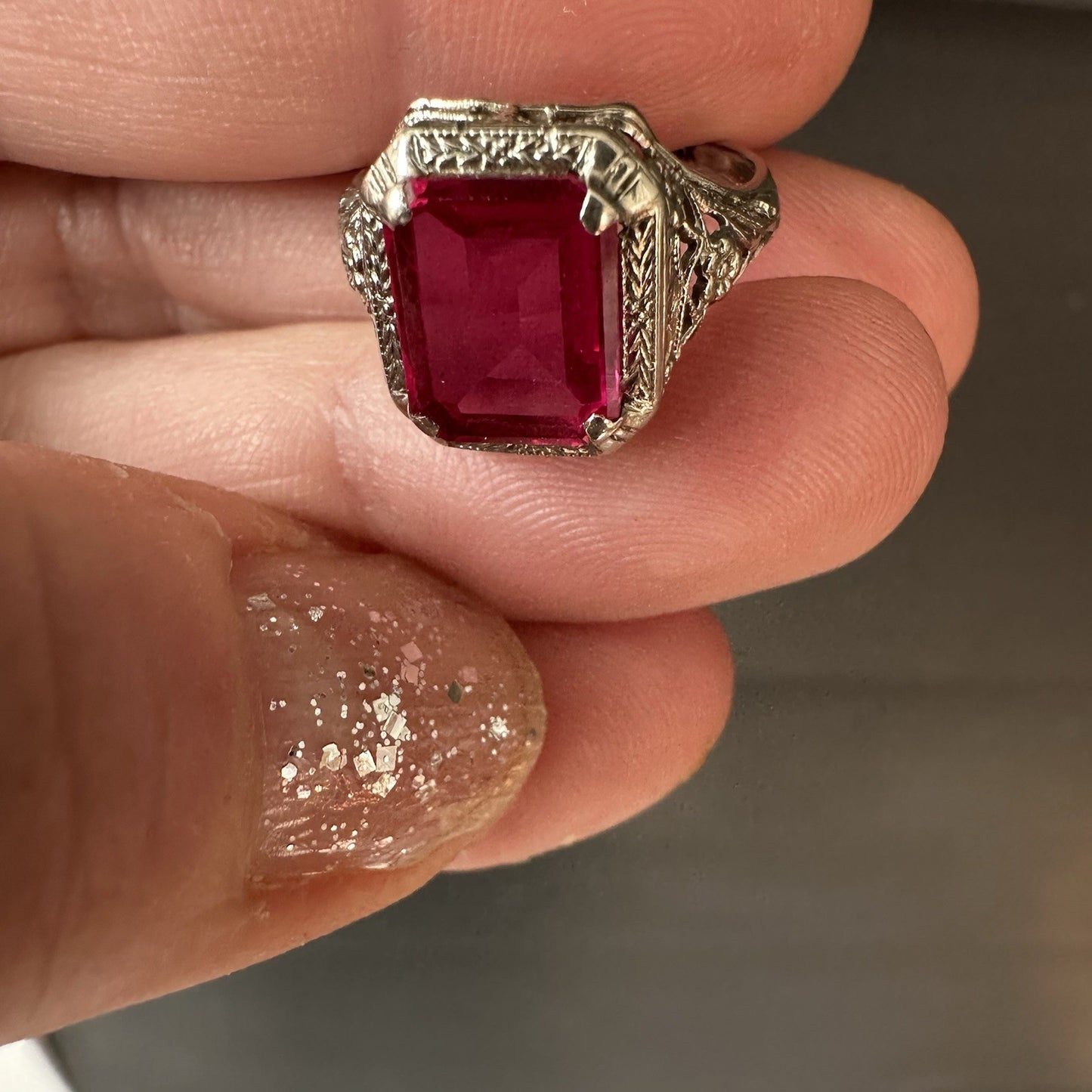 Art Deco 14k Gold  Filigree Lab Ruby Ring 2.3g Size 6.5