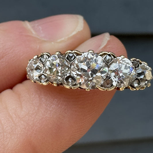 Victorian Old Cushion Cut 1.75 + Cttw  Hoop Ring ( Five Central Diamonds )