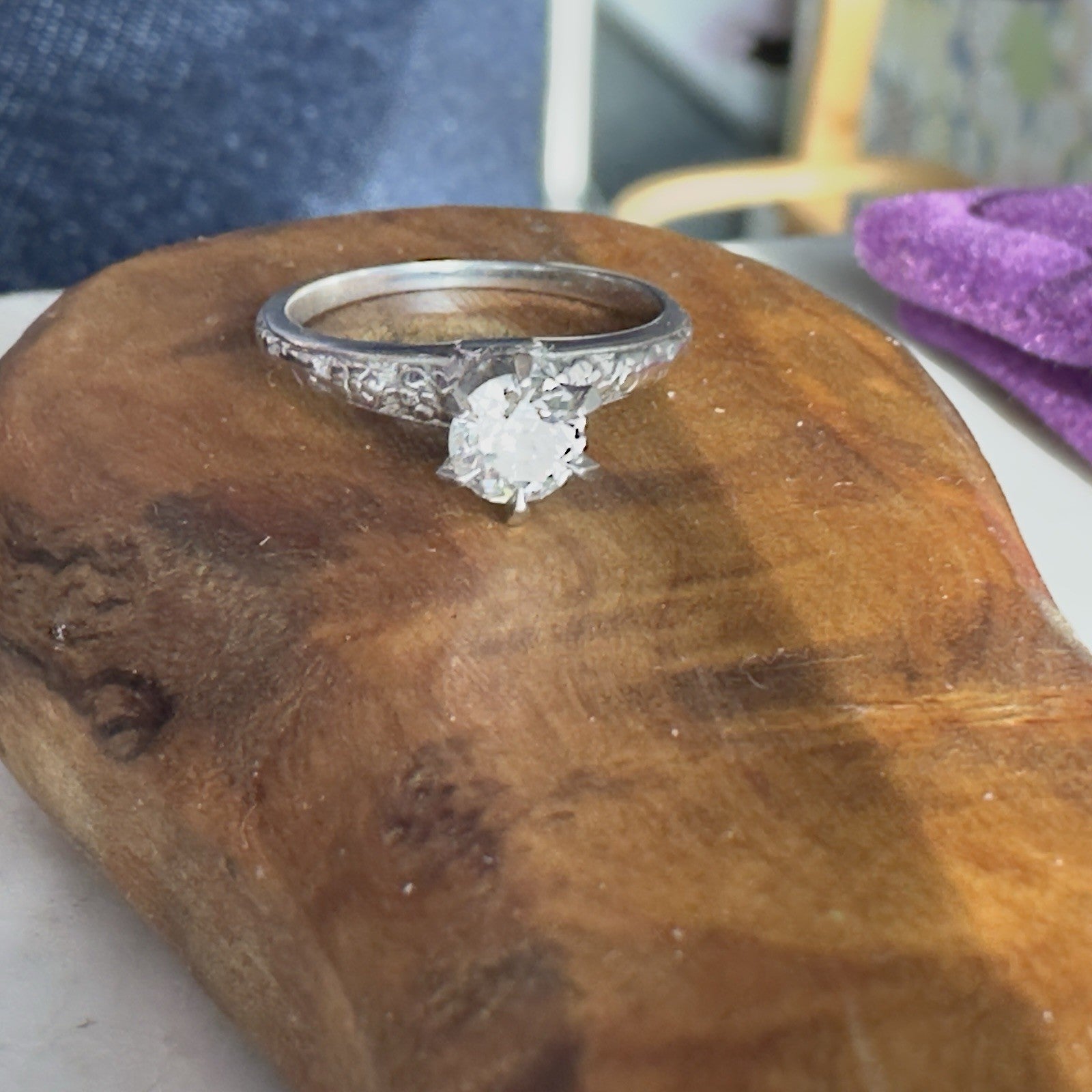 Art Deco 18k Forget Me Not OEC Diamond Solitaire with orange blossom band Size 5