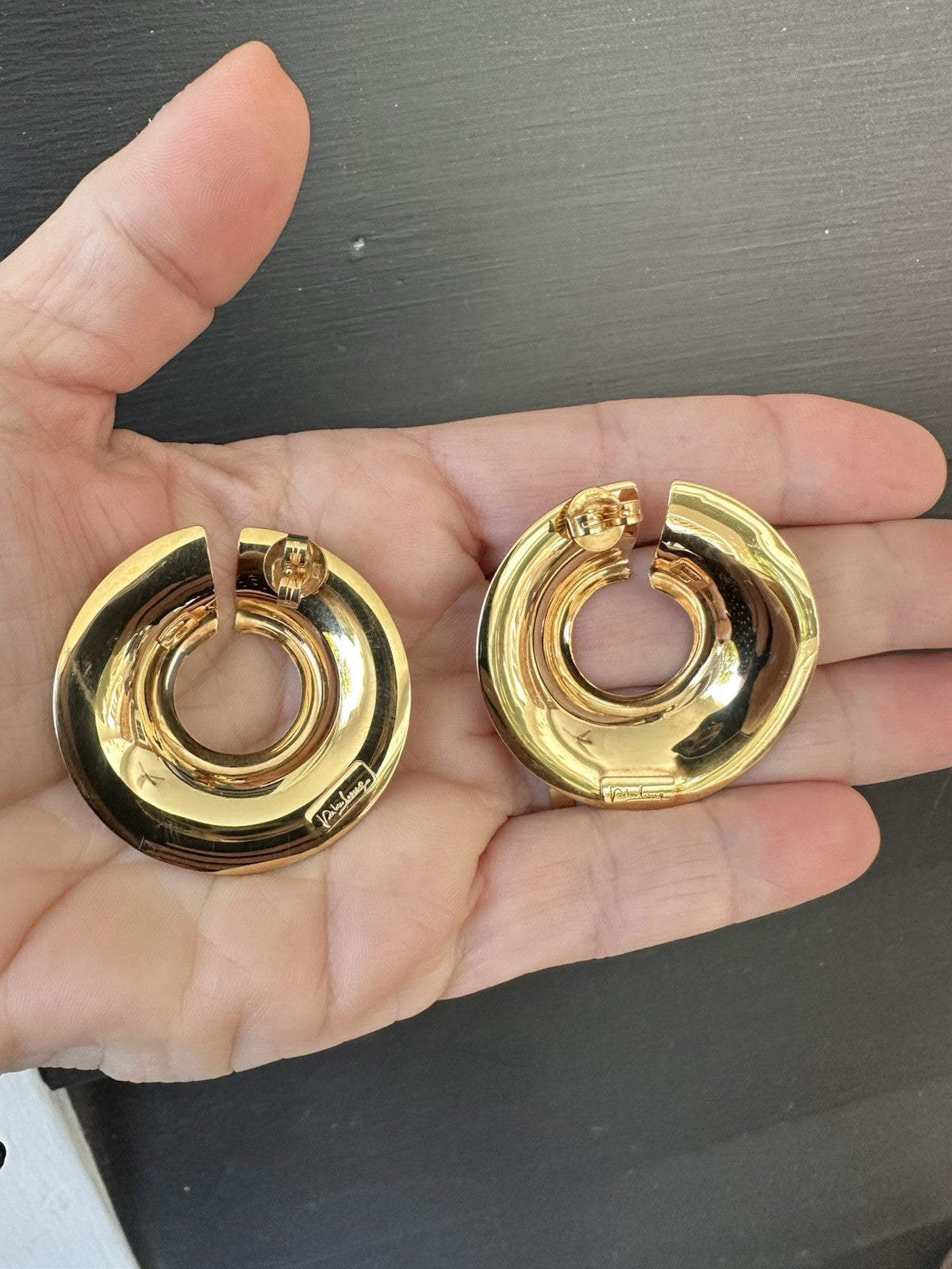 Peter Wong Italy 18K Yellow Gold 15.9g Glossy Designer Disc  Pierced Earrings