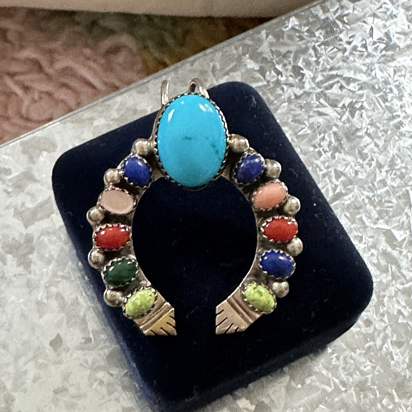 Vintage Running Bear Horse Shoe Multi Gemstone Pendant Sterling Silver