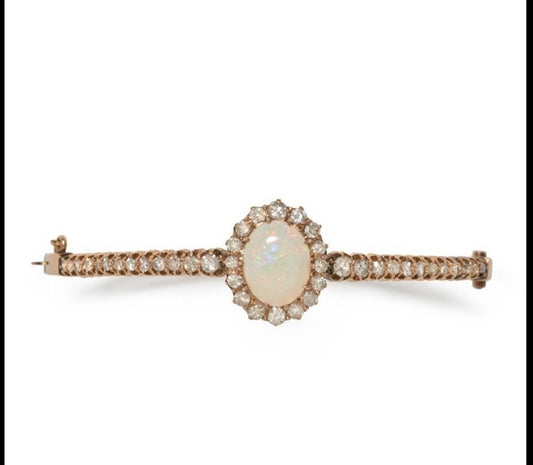 Antique Opal  And Old European Cut Diamond Bracelet 2 Cttw