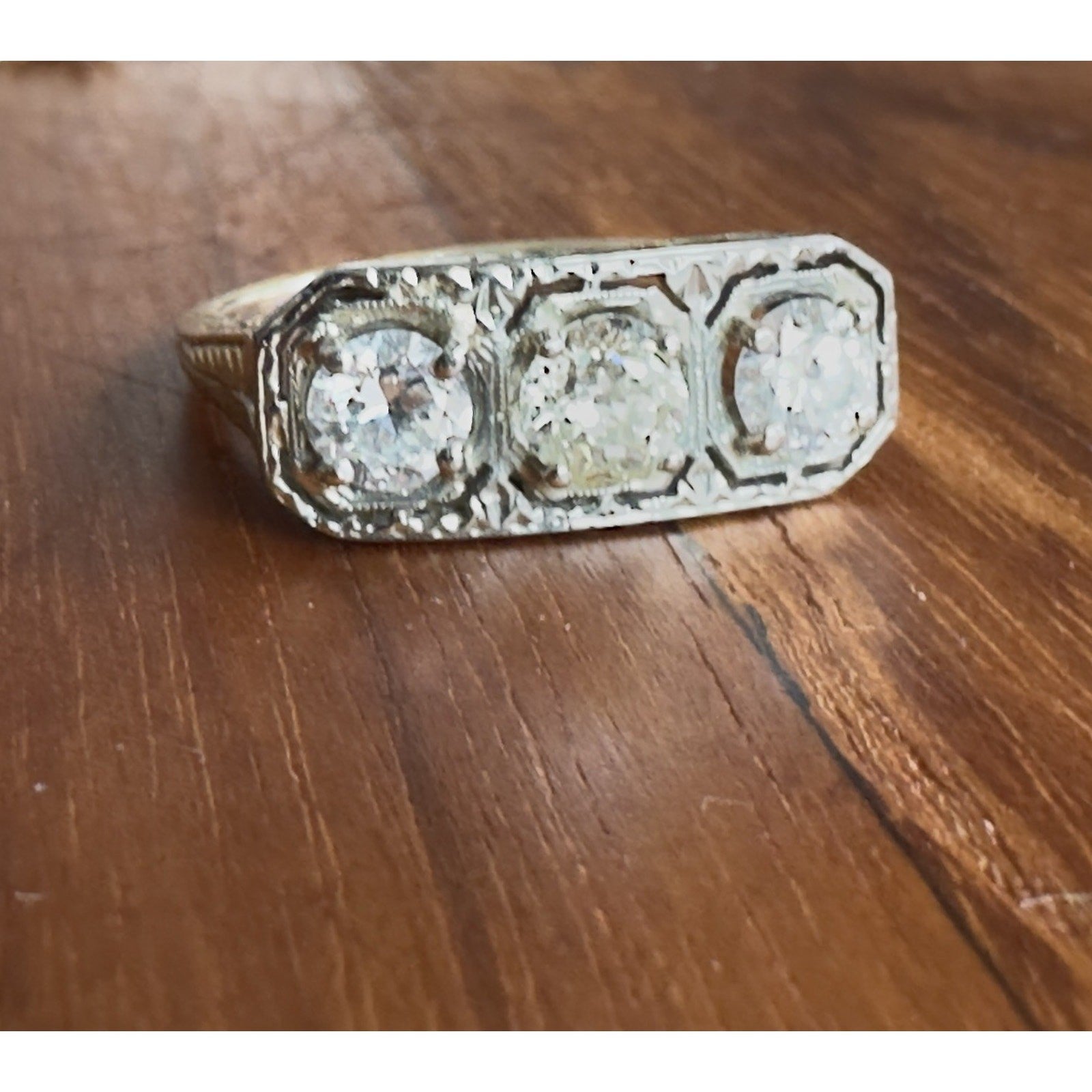 Edwardian 14k/18k 3 stone Old European Cut diamonds setting ring 1.09 Cttw