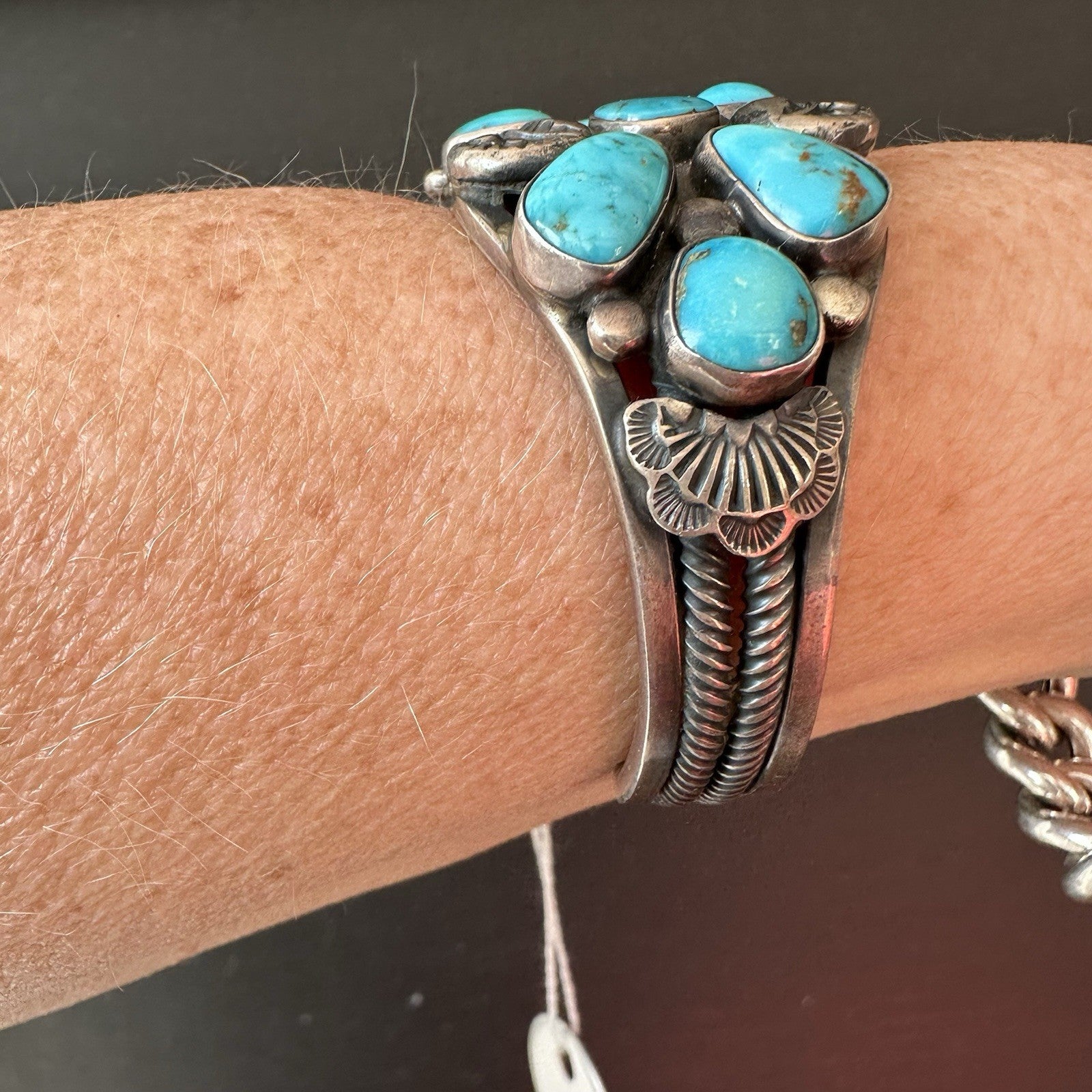 Verdy  Jake Vintage Sterling Silver Navajo  Morenci turquoise Cluster Cuff -82 G