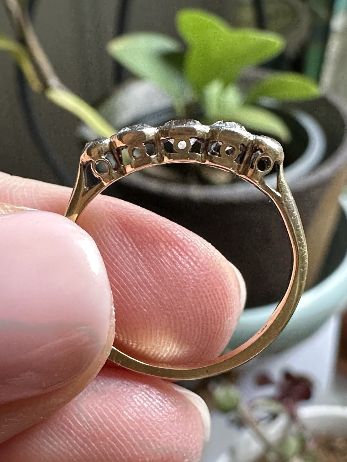 Antique old European and Old Cushion Cut 5 diamond Bezel Setting ring Size 6.5