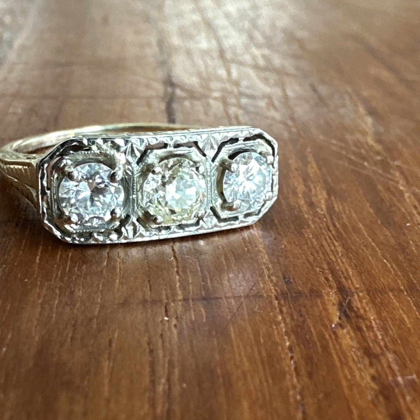 Edwardian 14k/18k 3 stone Old European Cut diamonds setting ring 1.09 Cttw