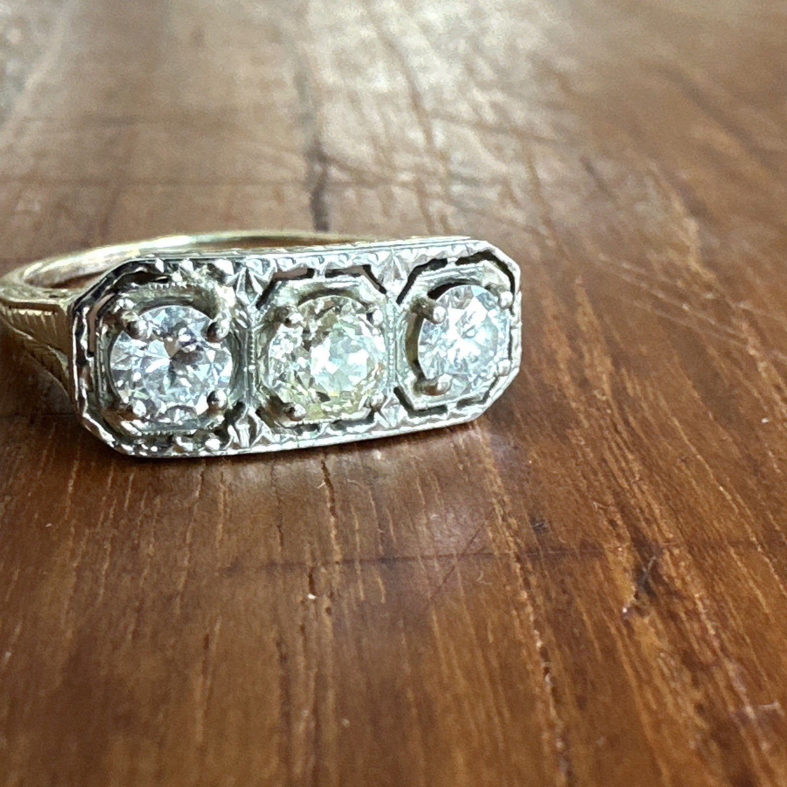 Edwardian 14k/18k 3 stone Old European Cut diamonds setting ring 1.09 Cttw
