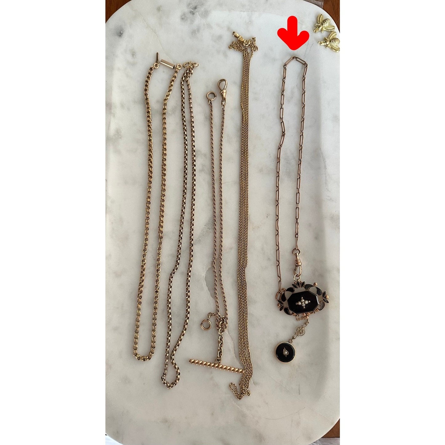 ANTIQUE 10K GOLD, PEARL & ONYX PENDANT  On A rose gold mini trombone Link