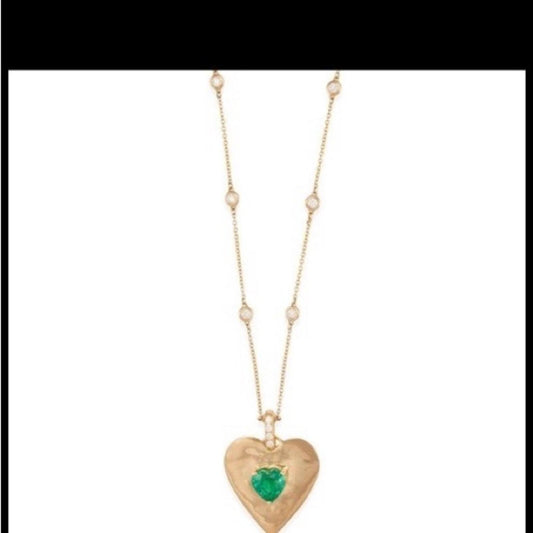 18K Gold  Emerald and Diamond Heart Pendant on 14K gold Diamond Chain
