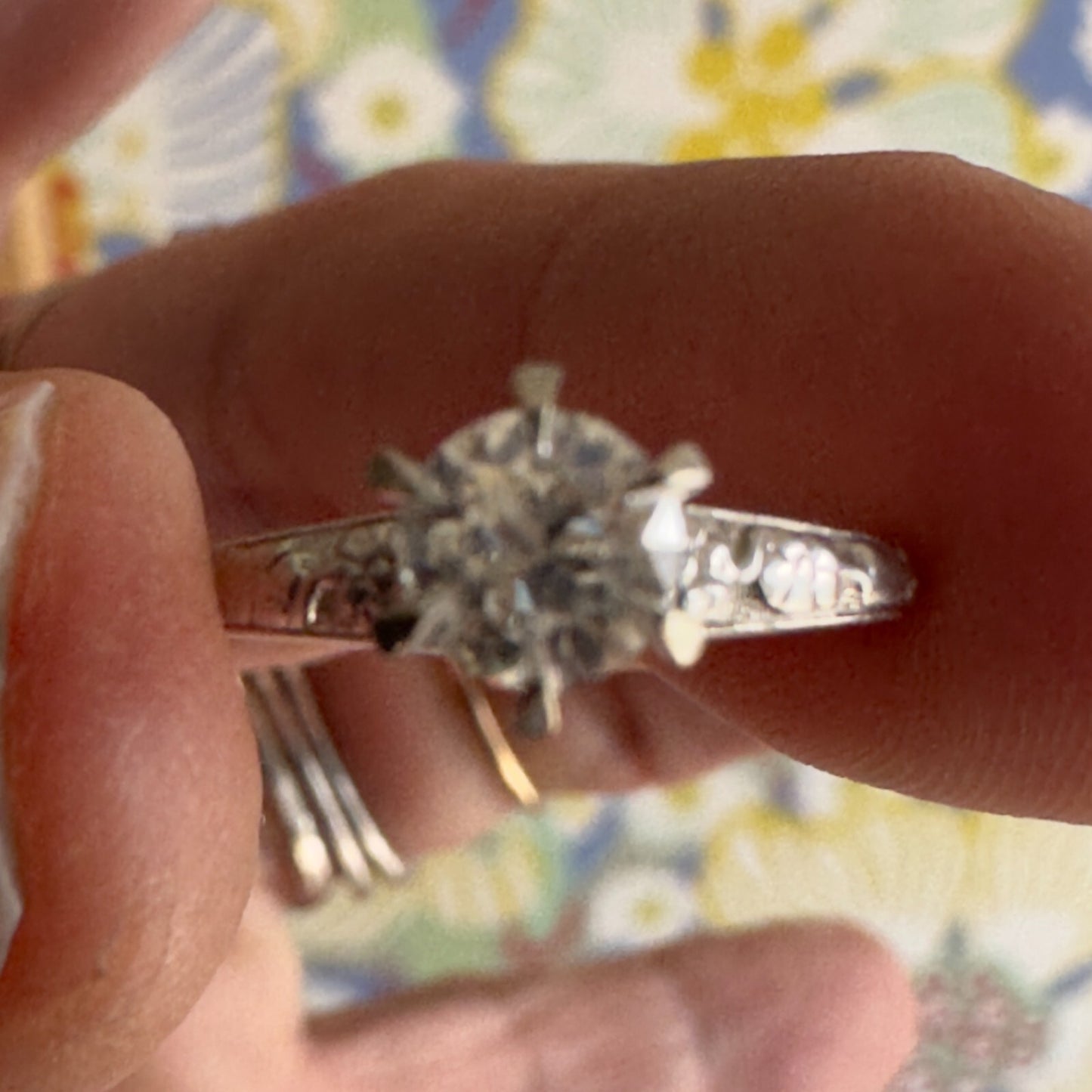 Art Deco 18k Forget Me Not OEC Diamond Solitaire with orange blossom band Size 5