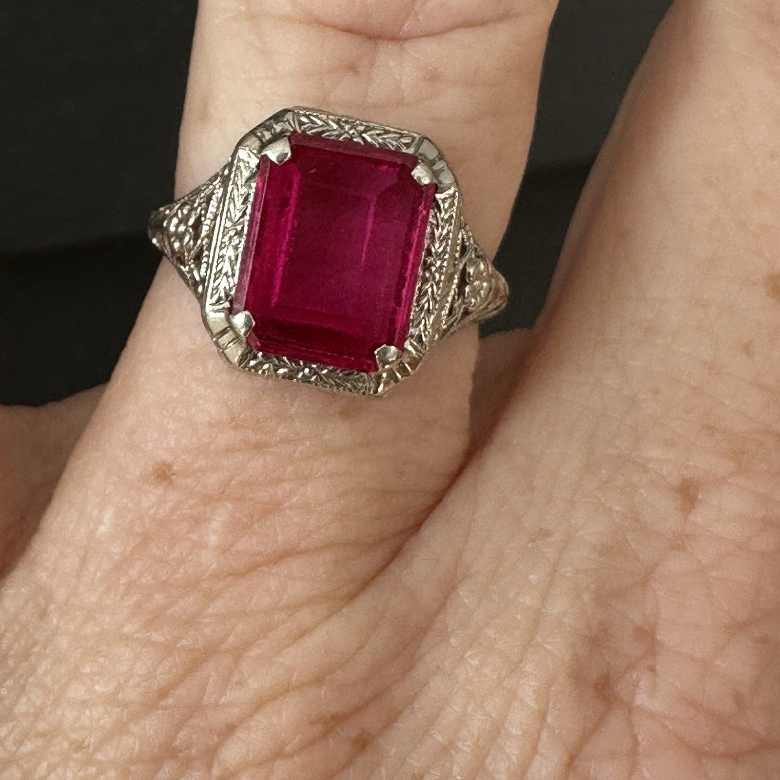 Art Deco 14k Gold  Filigree Lab Ruby Ring 2.3g Size 6.5