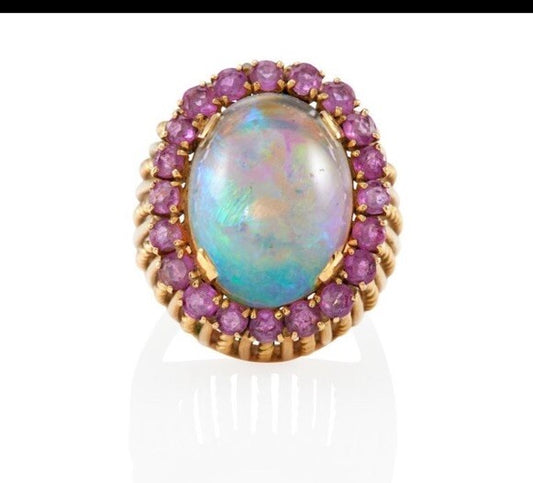 18K GOLD, OPAL AND PINK SAPPHIRE RING 