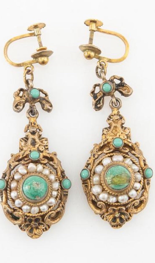 Antique Turquoise And Seed Pearl  Gilded Silver Dangle  Earrings