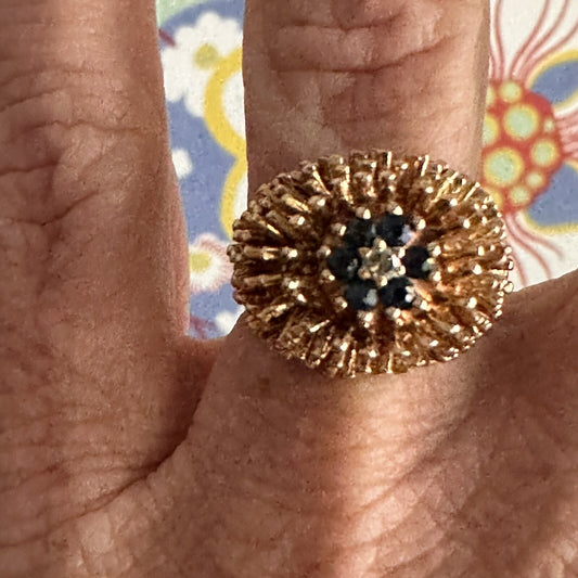 Vintage Sea Urchin Style  14kt Gold And Sapphire Ring And Earrings Set 12.3 G
