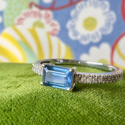 14k white gold natural sapphire & diamond ring size 6.75