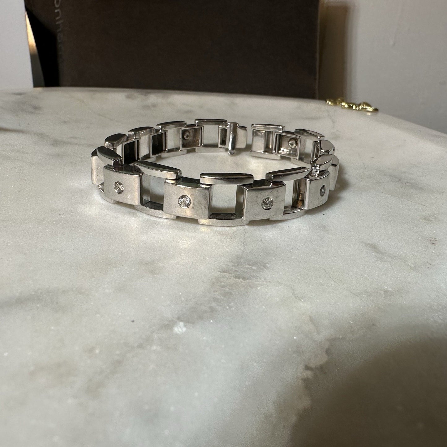 Vintage 8 inch 14 K white gold diamond tank bracelet