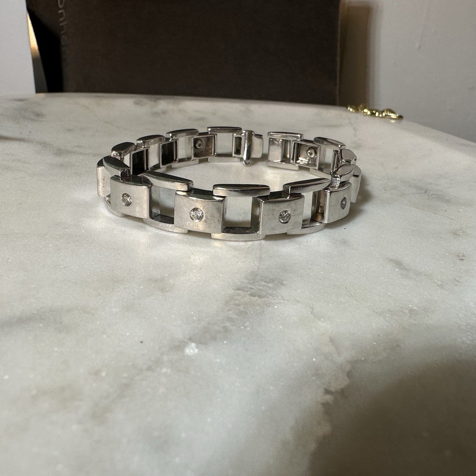 Vintage 8 inch 14 K white gold diamond tank bracelet